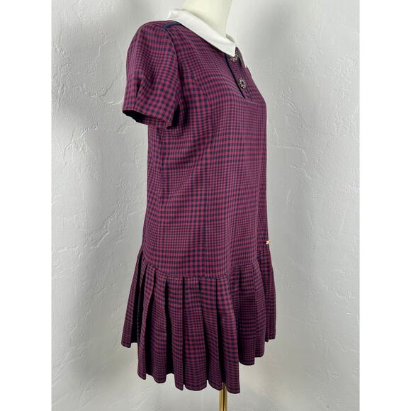 HOUNDSTOOTH MINI DRESS in Navy Burgundy Pleated Drop Waist (Womens: 6-8) - Picture 5 of 16